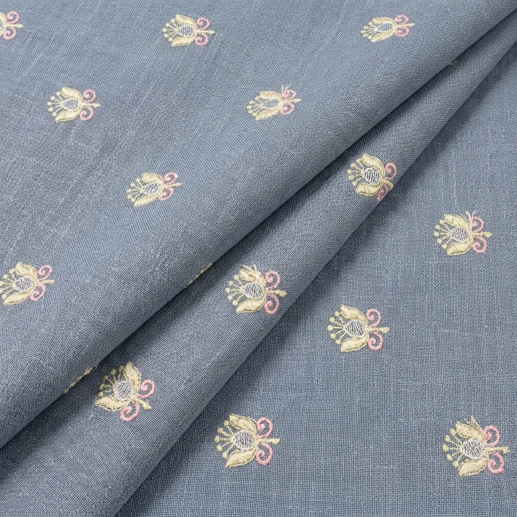 Folded Embroidery Blue Embroidery Linen Fabric