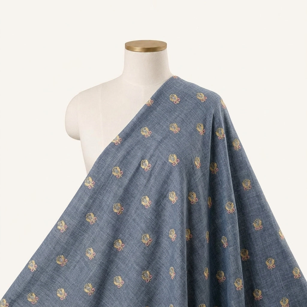 Embroidery Blue Embroidery Linen Fabric Draped as a saree