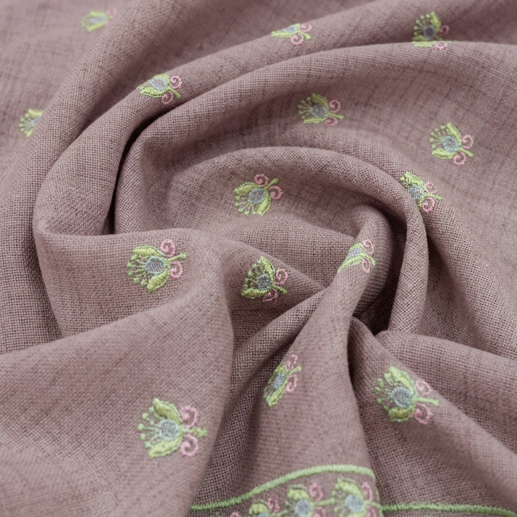 Swirled Embroidery Mauve Embroidery Linen Fabric