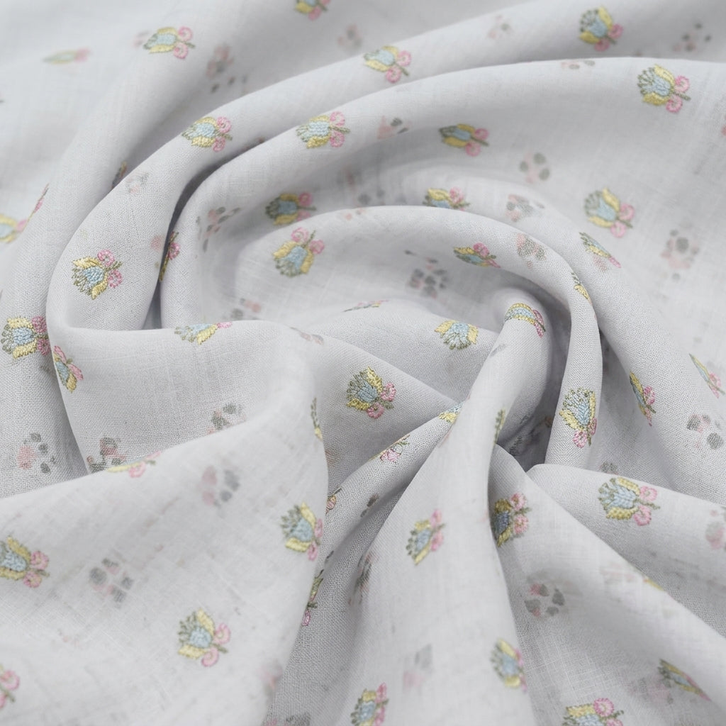 Swirled Embroidery White Embroidery Linen Fabric
