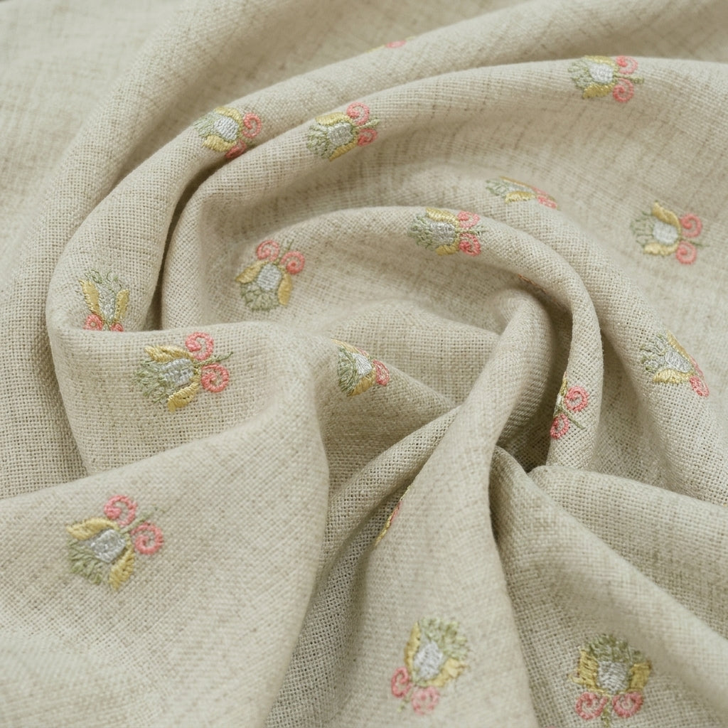 Swirled Embroidery Violet Embroidery Linen Fabric