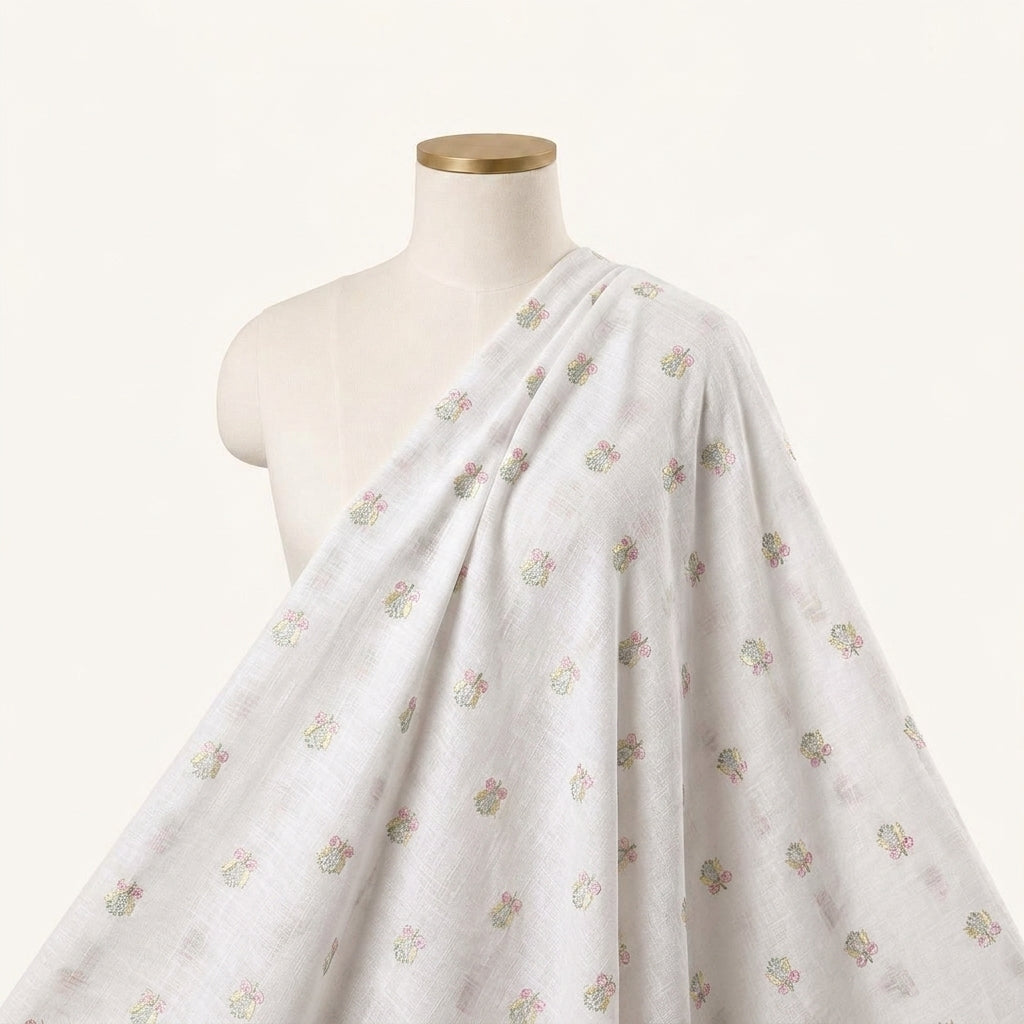 Embroidery White Embroidery Linen Fabric Draped as a saree