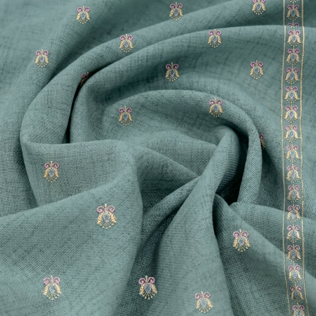 Swirled Embroidery Green Embroidery Linen Fabric