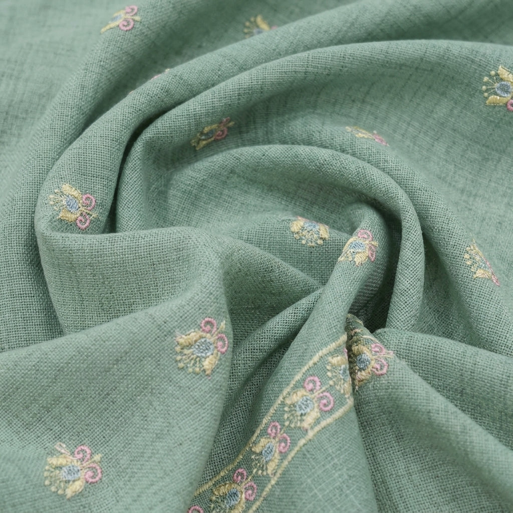 Swirled Embroidery Green Embroidery Linen Fabric