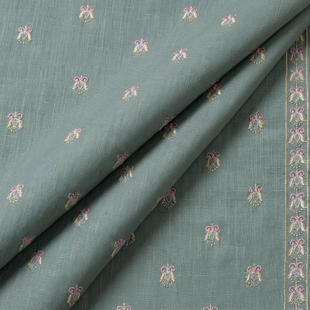 Folded Embroidery Green Embroidery Linen Fabric