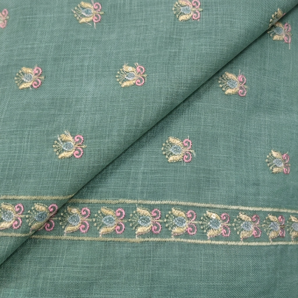 Folded Embroidery Green Embroidery Linen Fabric