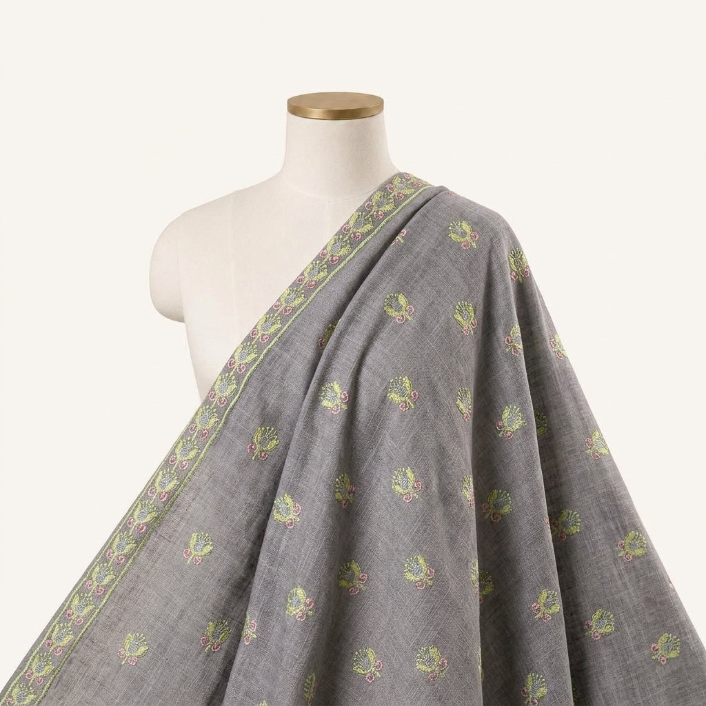 Embroidery Violet Embroidery Linen Fabric Draped as a saree