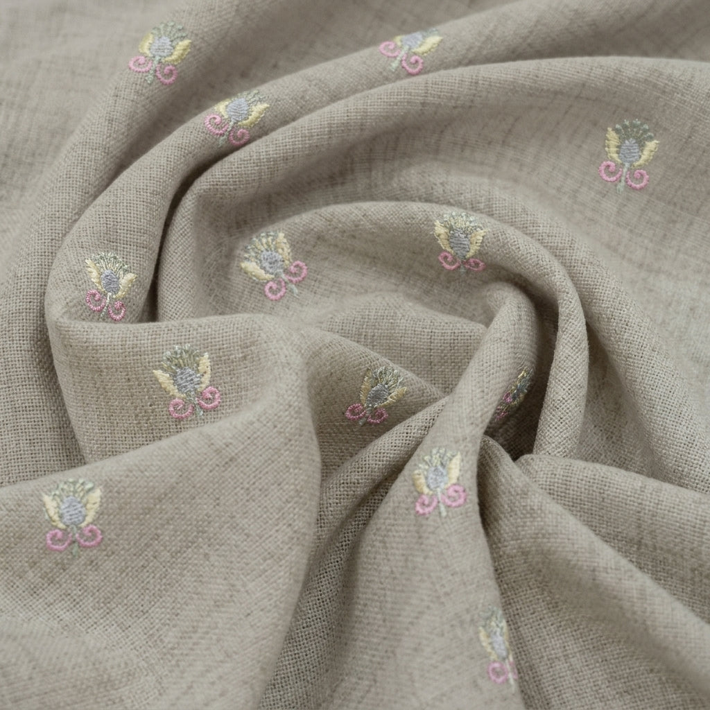 Swirled Embroidery Beige Embroidery Linen Fabric