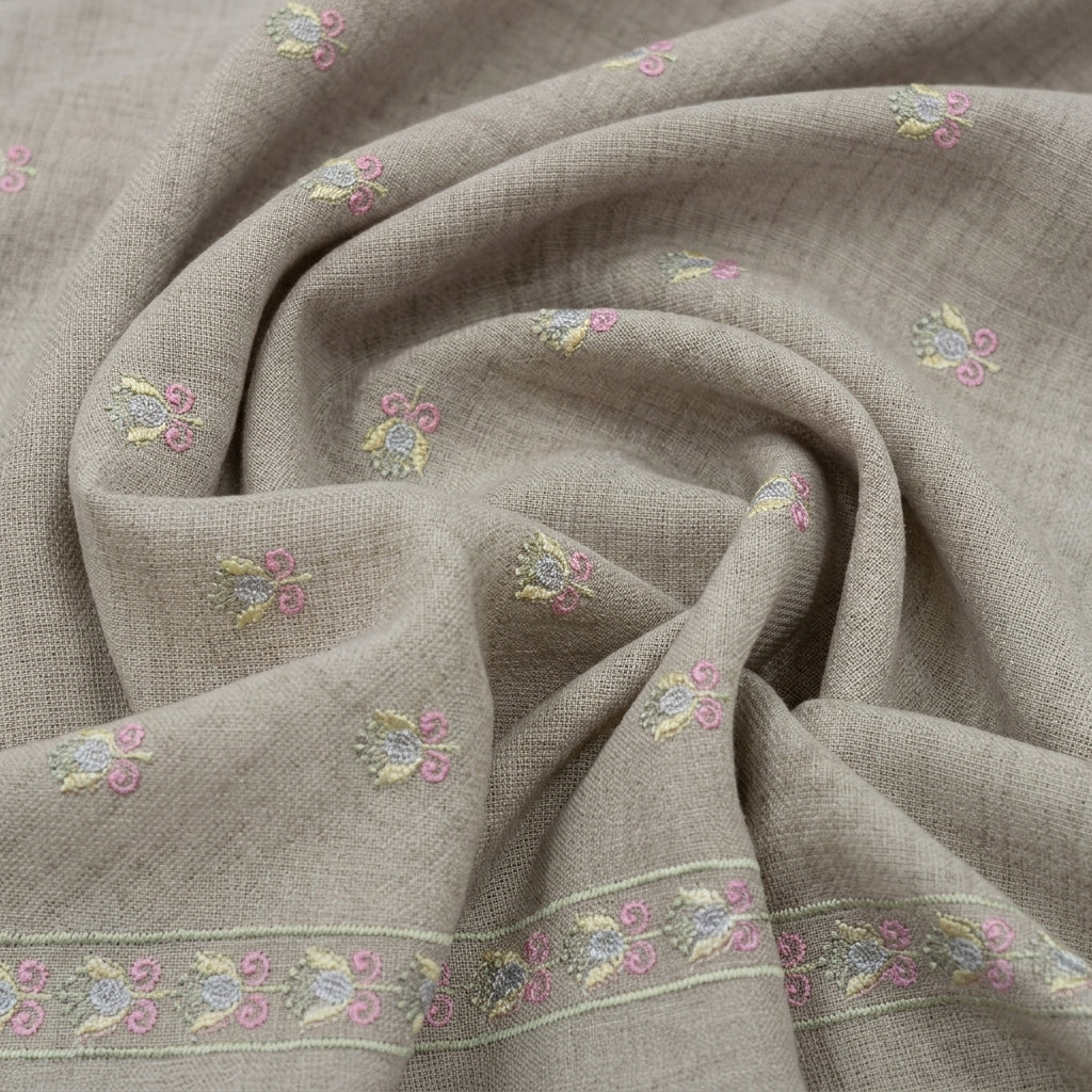 Swirled Embroidery Beige Embroidery Linen Fabric