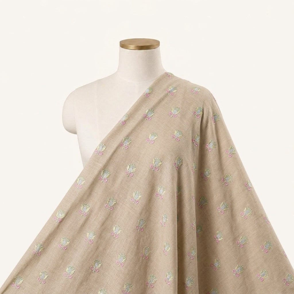 Embroidery Beige Embroidery Linen Fabric Draped as a saree