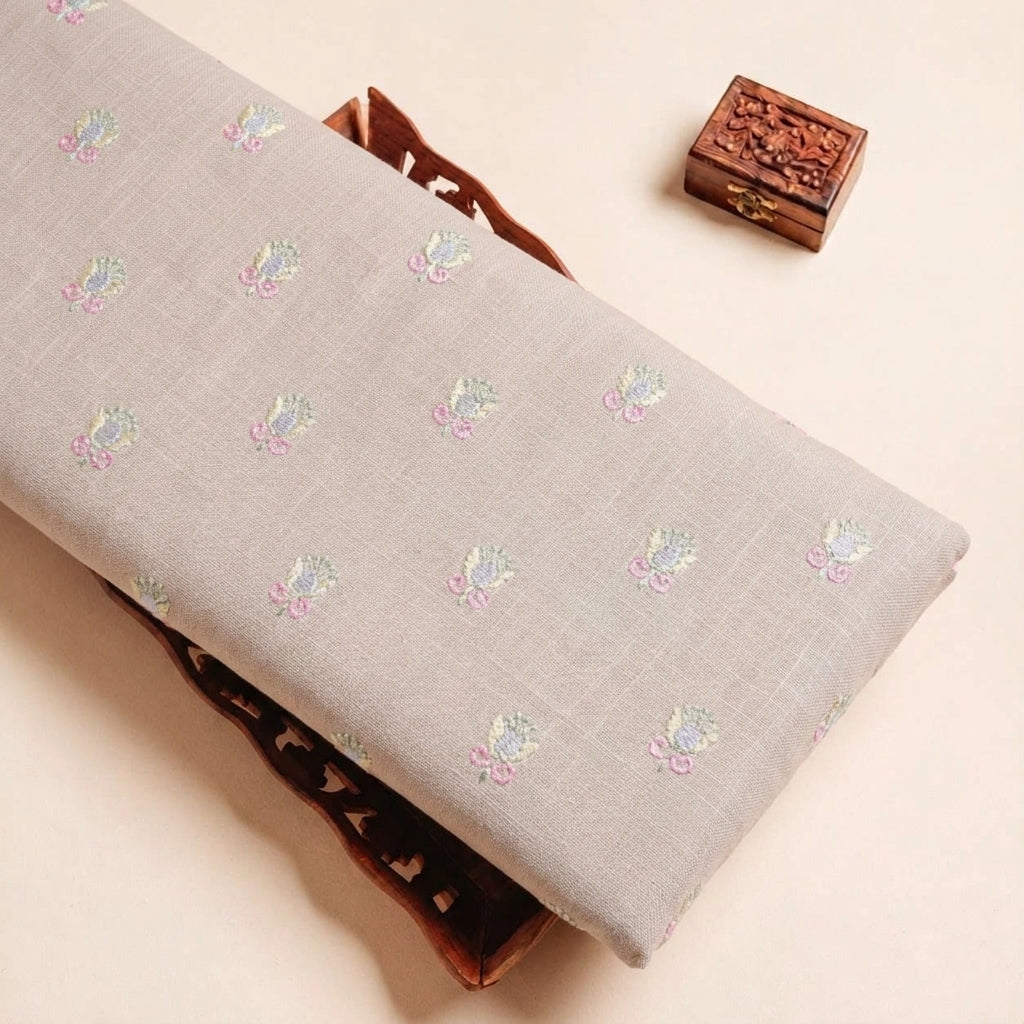 Folded Beige Embroidery Linen Fabric Highlighting Sequin Floral and Texture