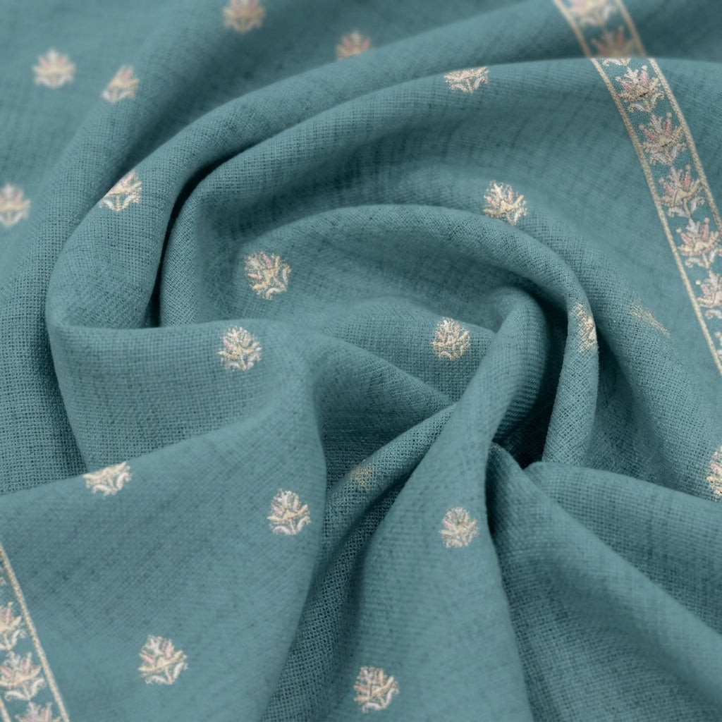 Swirled Embroidery Blue Embroidery Linen Fabric