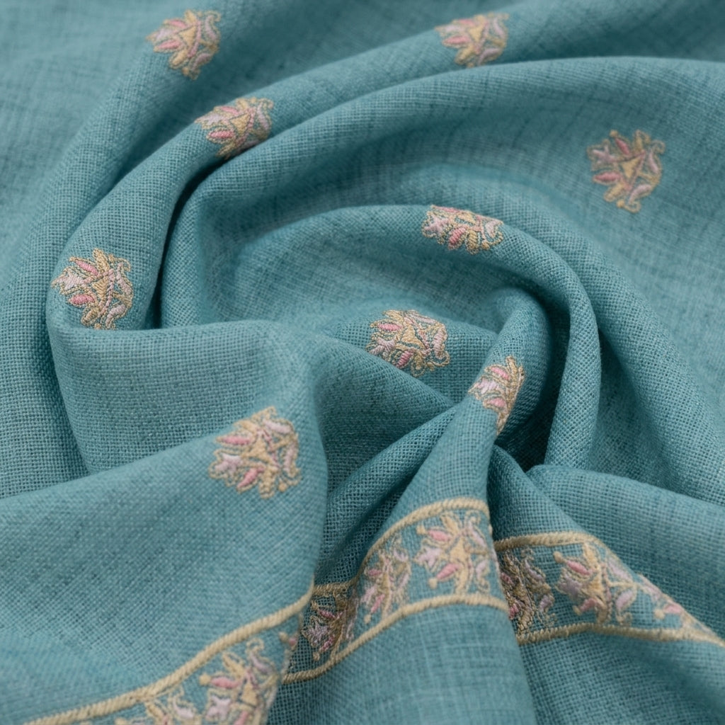 Swirled Embroidery Blue Embroidery Linen Fabric