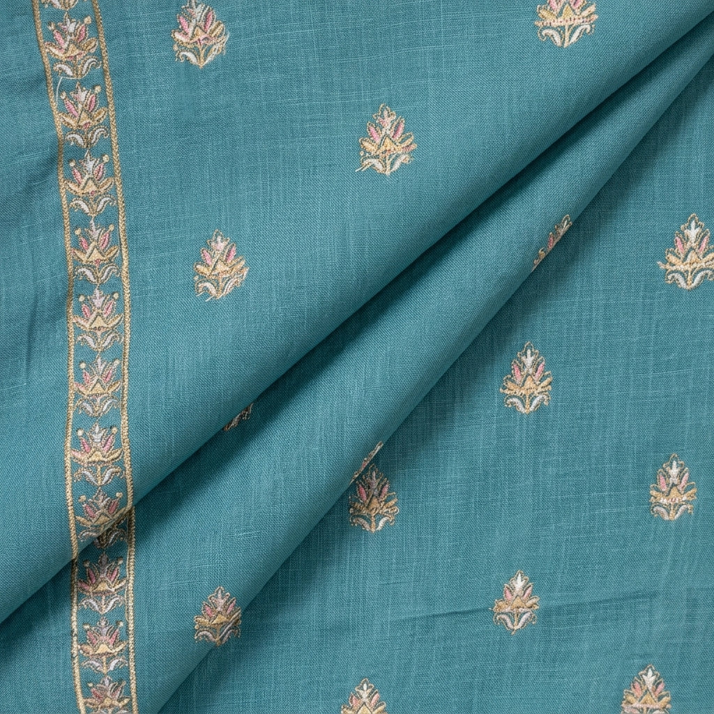 Folded Embroidery Blue Embroidery Linen Fabric