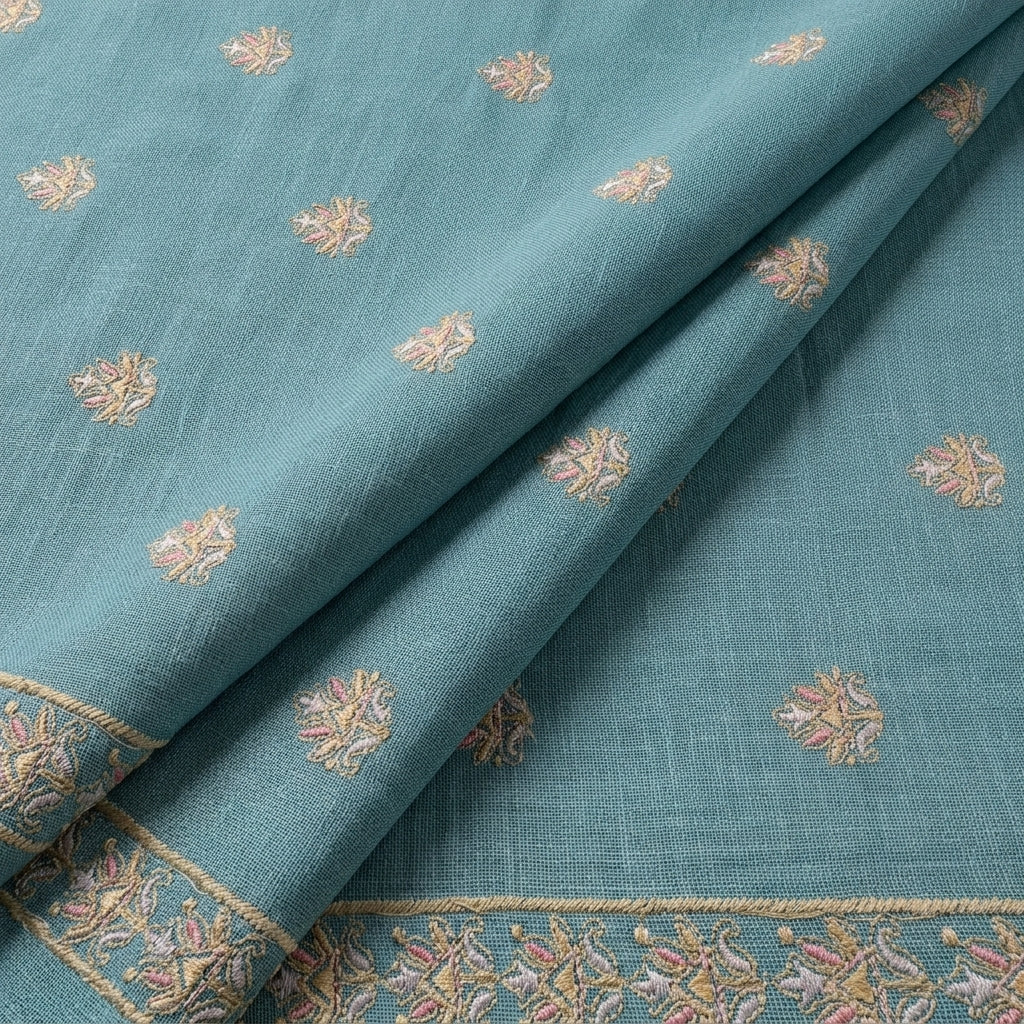 Folded Embroidery Blue Embroidery Linen Fabric