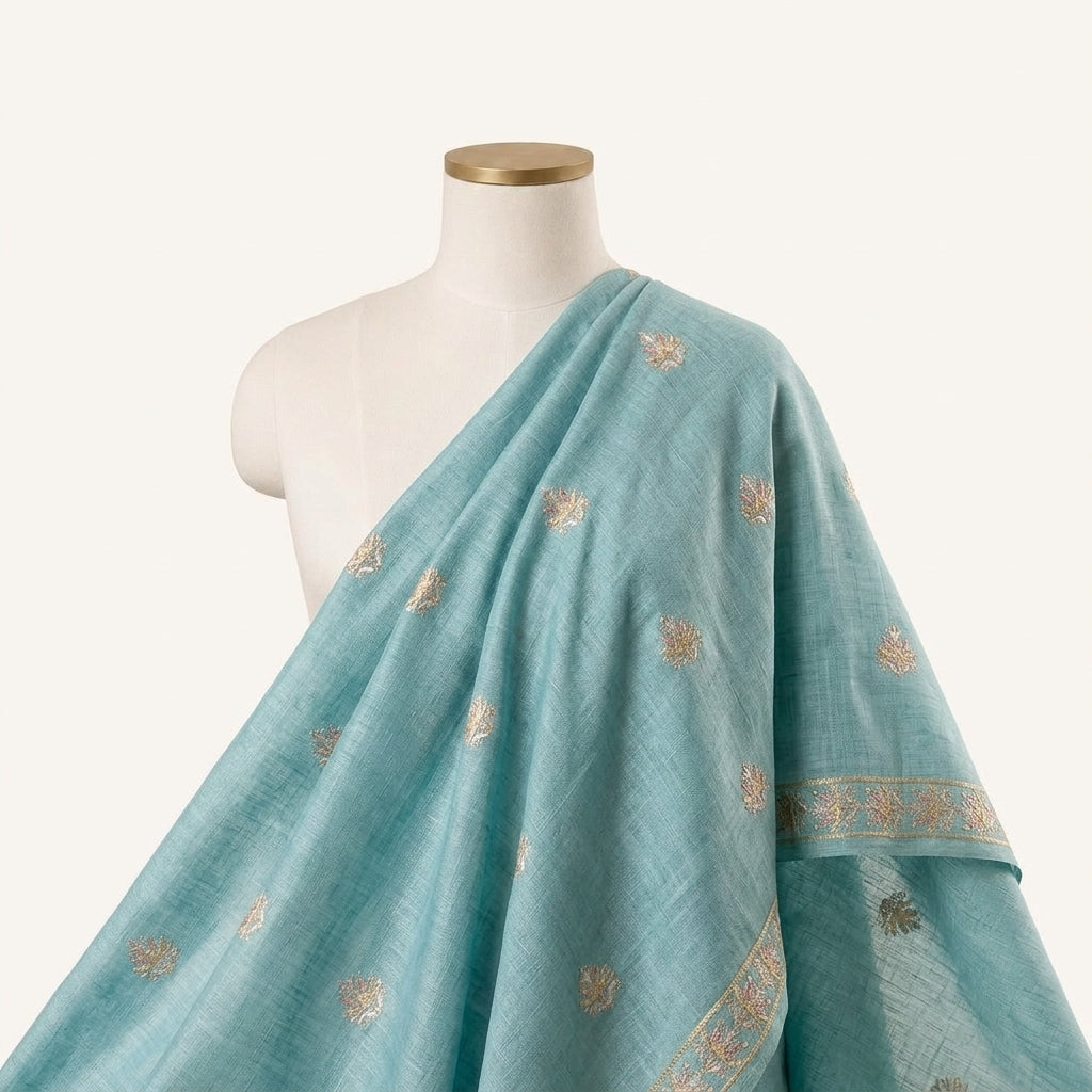 Embroidery Blue Embroidery Linen Fabric Draped as a saree