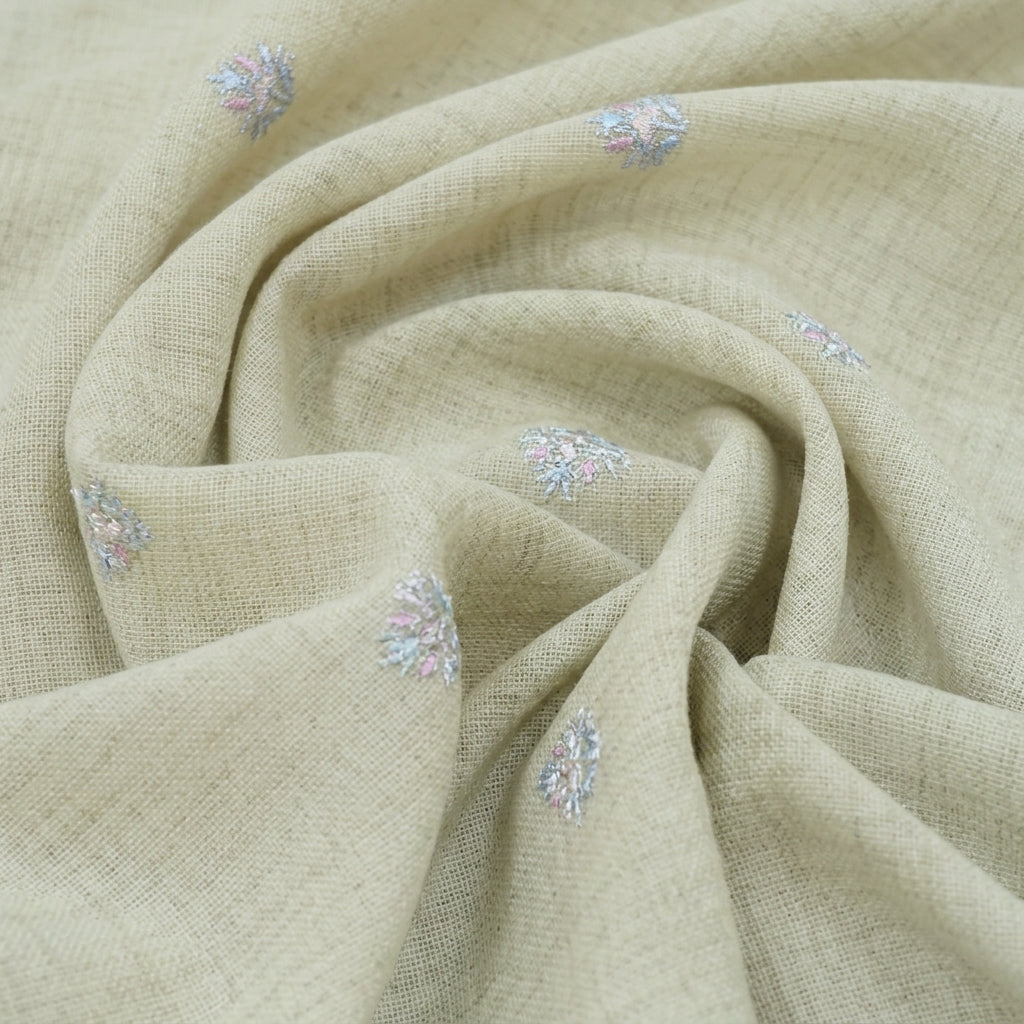 Swirled Embroidery Yellow Embroidery Linen Fabric
