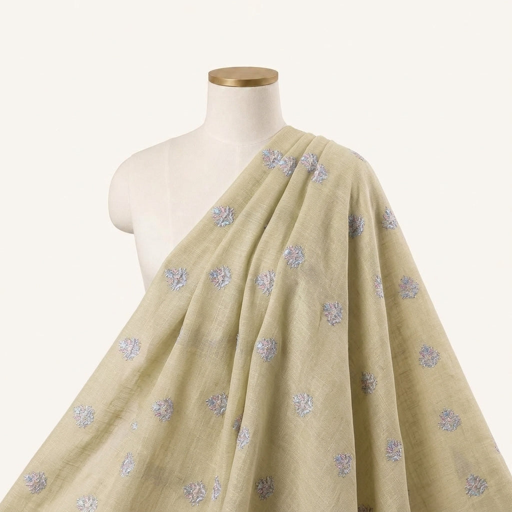 Embroidery Yellow Embroidery Linen Fabric Draped as a saree
