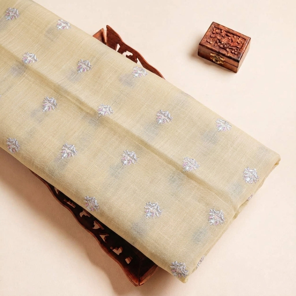 Folded Yellow Embroidery Linen Fabric Highlighting Sequin Floral and Texture