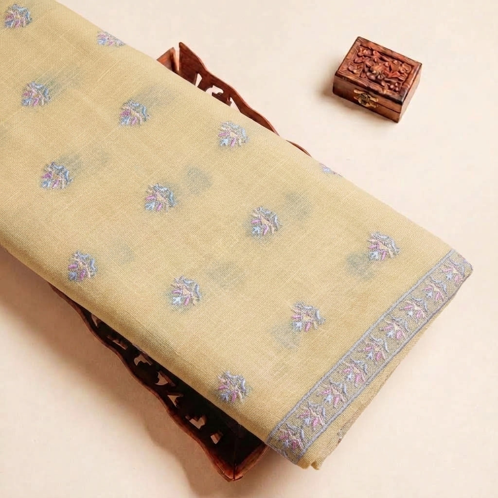 Folded Yellow Embroidery Linen Fabric Highlighting Sequin Border and Texture