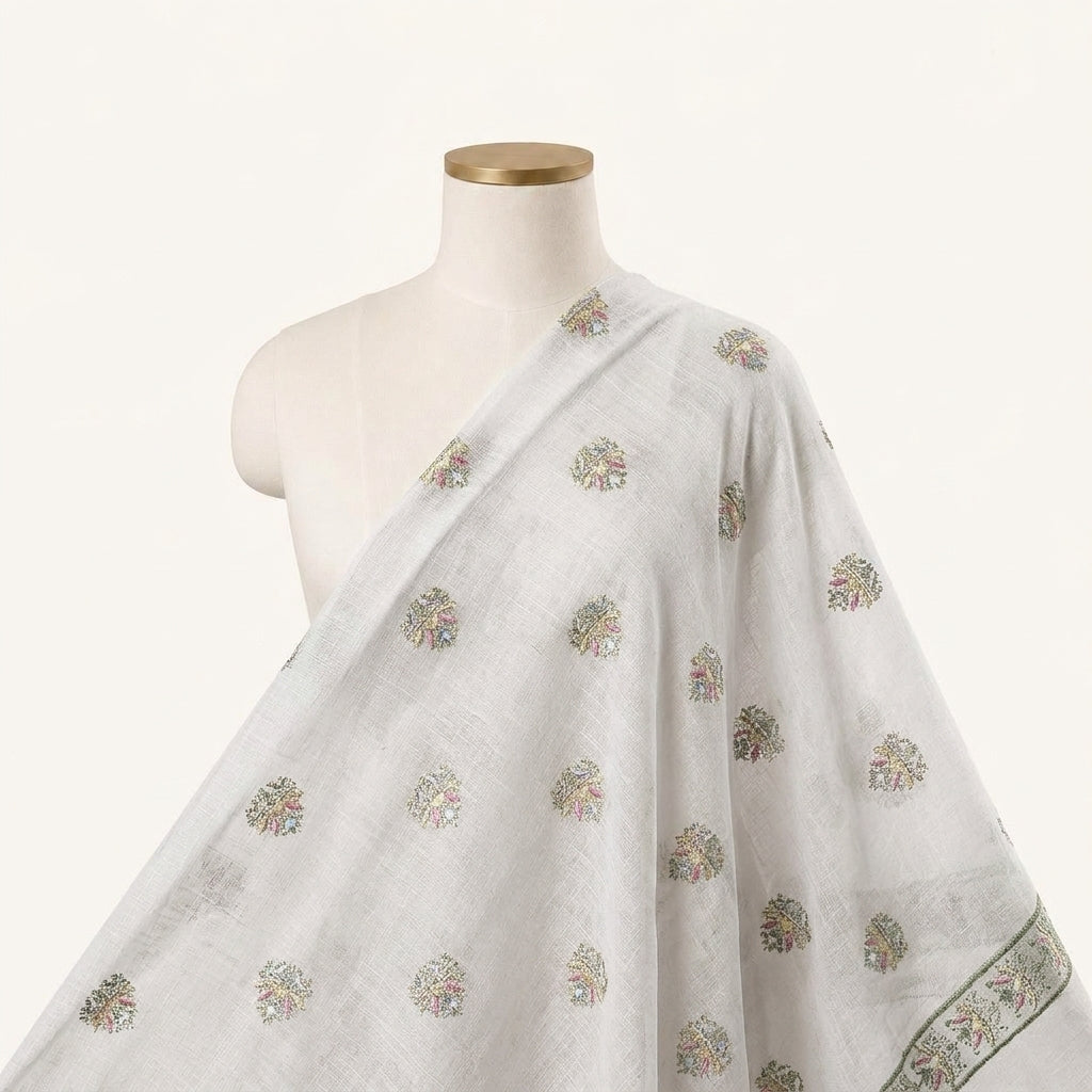 Embroidery Grey Embroidery Linen Fabric Draped as a saree