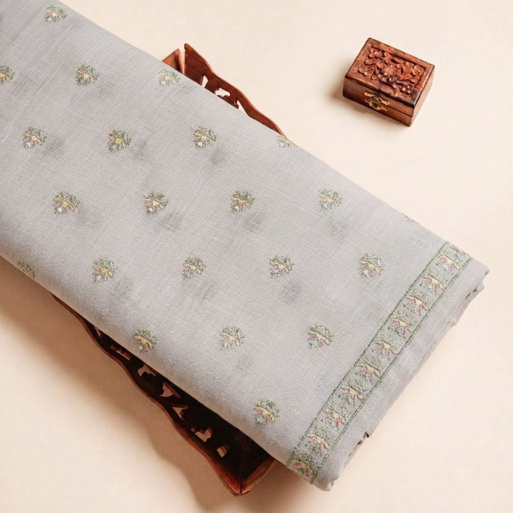 Folded Grey Embroidery Linen Fabric Highlighting Floral Sequin and Texture
