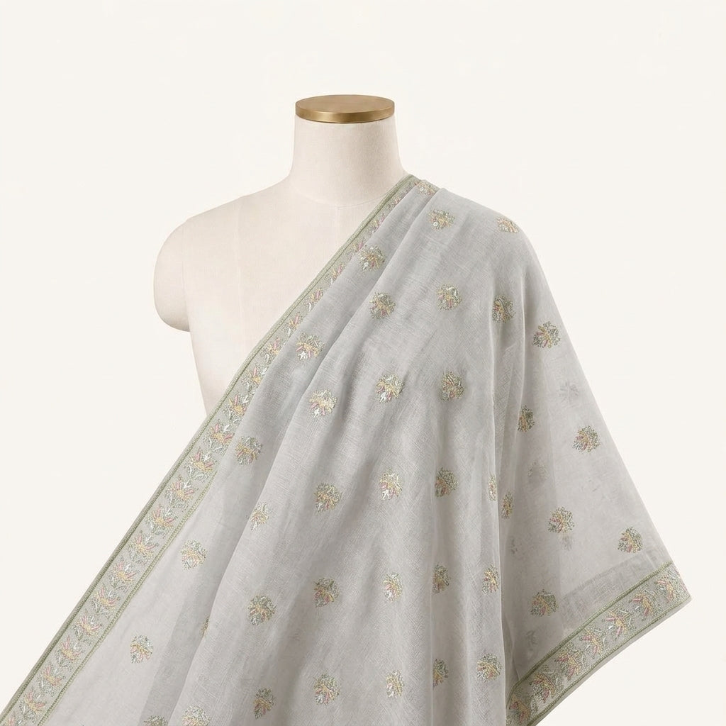 Embroidery White Embroidery Linen Fabric Draped as a saree