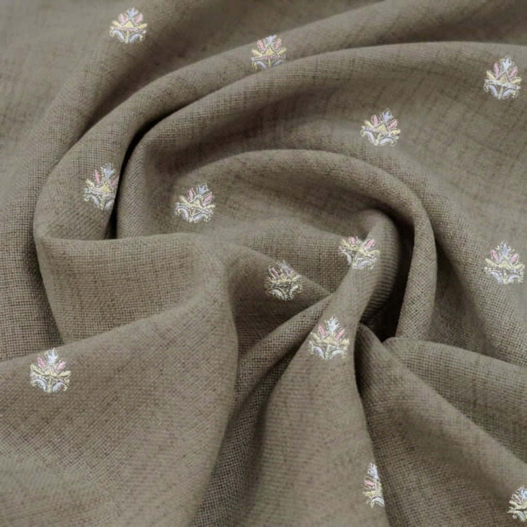Swirled Embroidery Biege Embroidery Linen Fabric