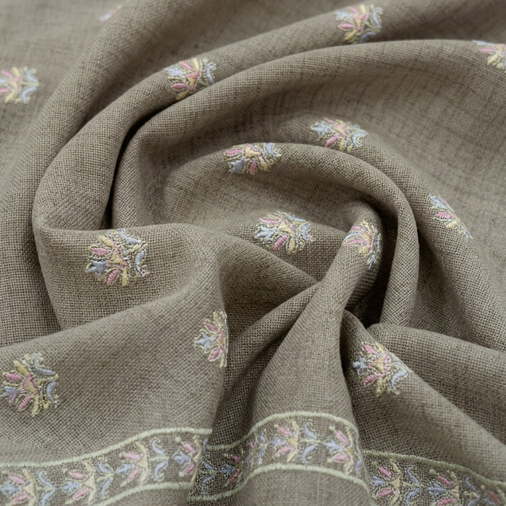 Swirled Embroidery Beige Embroidery Linen Fabric