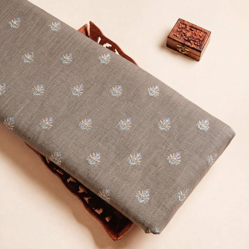 Folded Biege Embroidery Linen Fabric Highlighting Floral Sequin and Texture