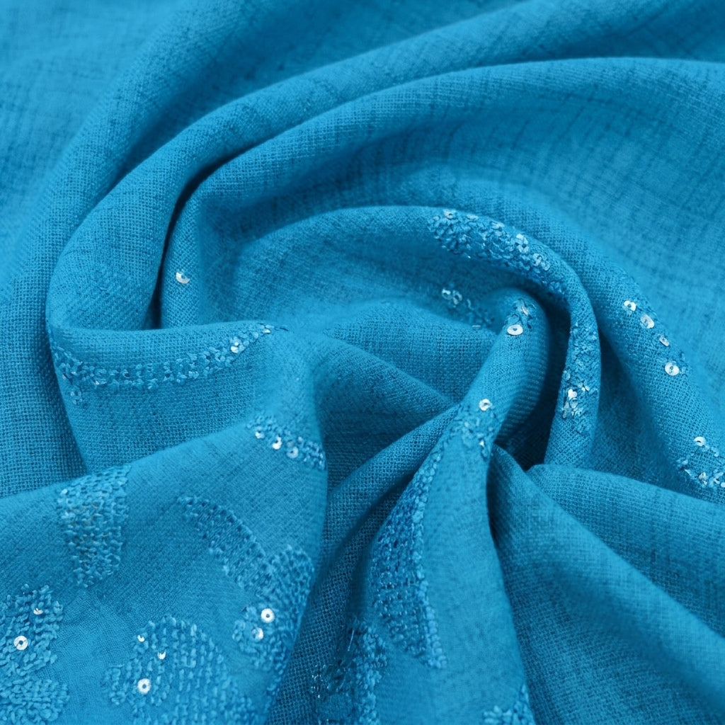 Swirled Embroidery Blue Embroidery Tussar Fabric