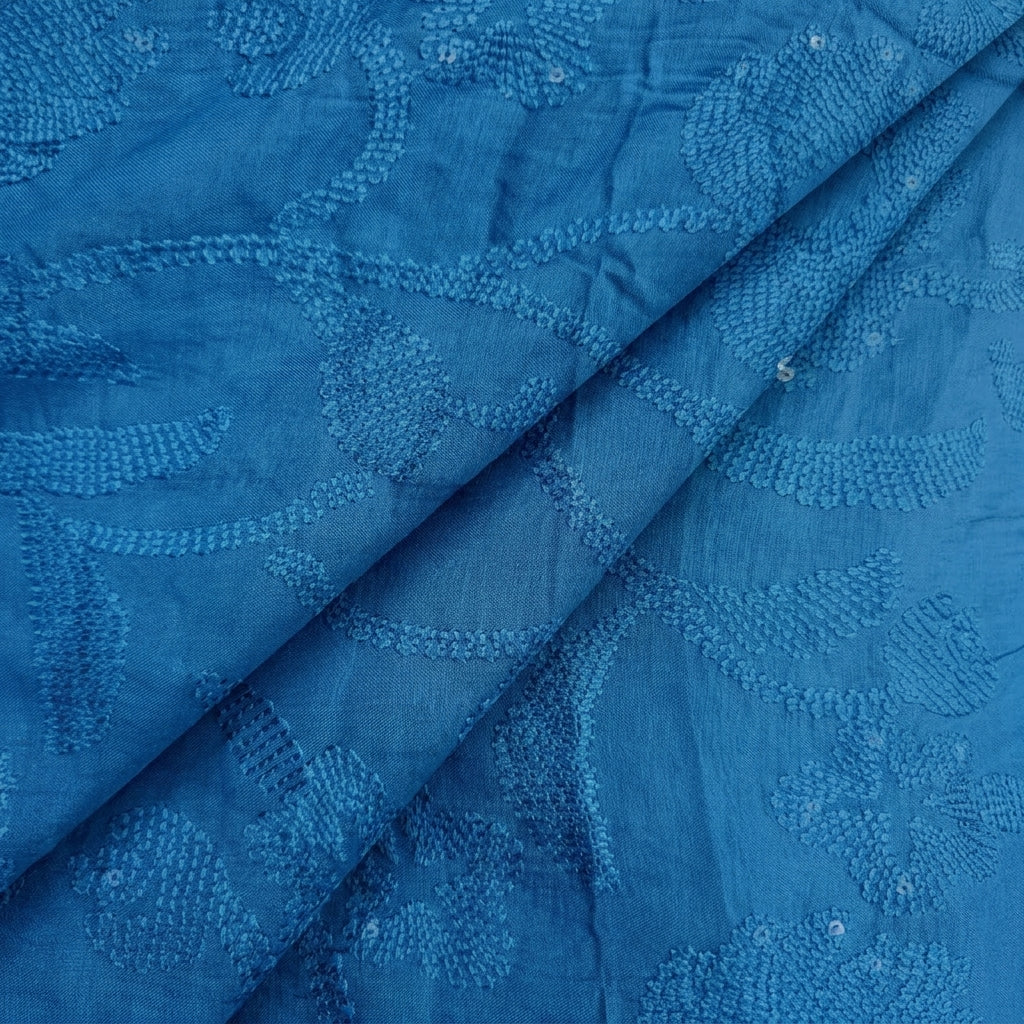 Folded Embroidery Blue Embroidery Tussar Fabric