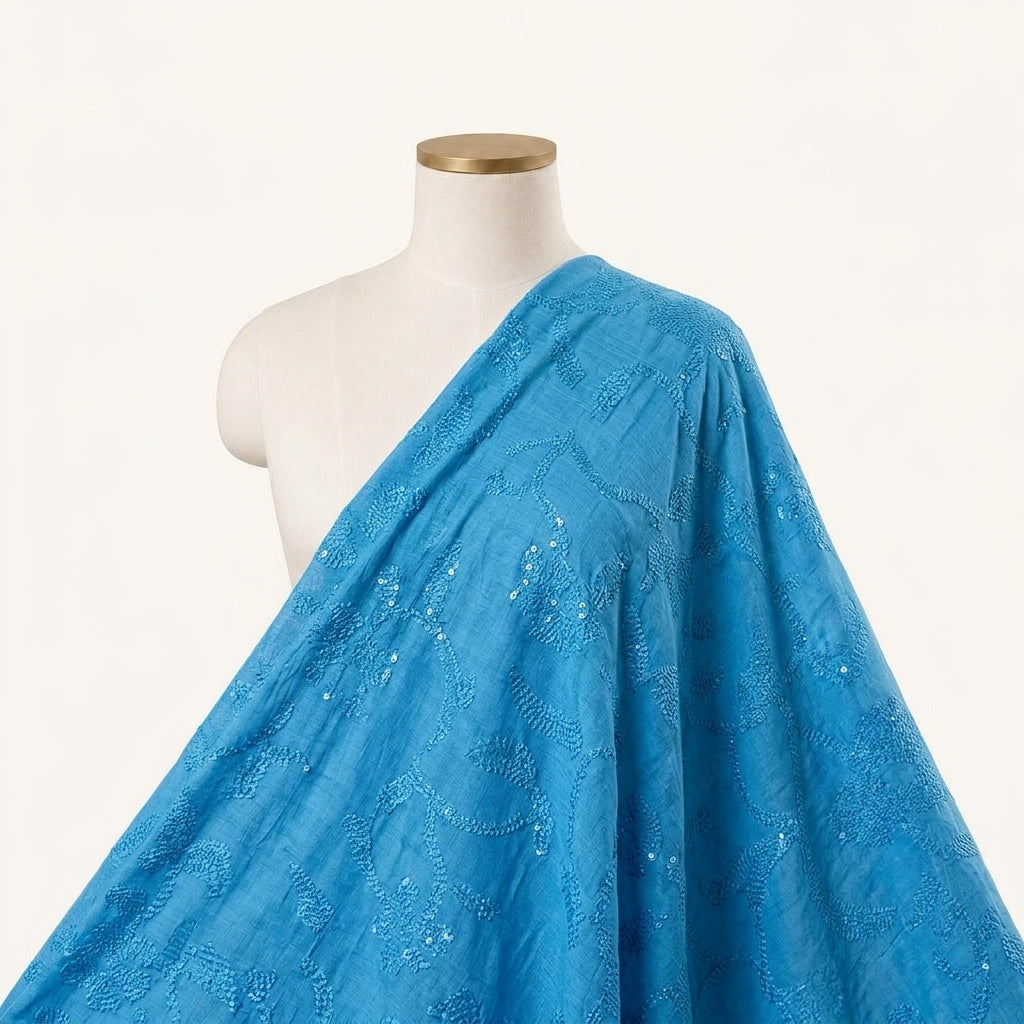 Embroidery Blue Embroidery Tussar Fabric Draped as a saree
