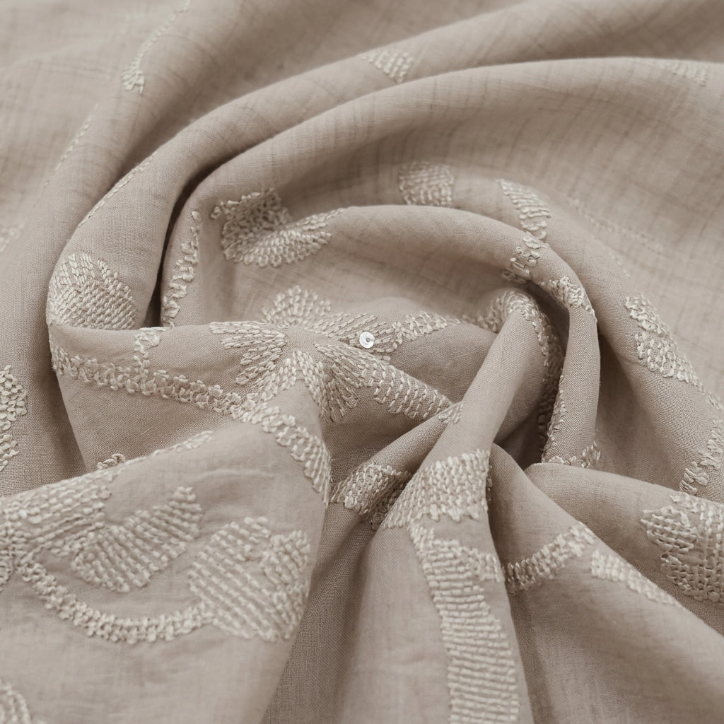Swirled Embroidery Beige Embroidery Tussar Fabric