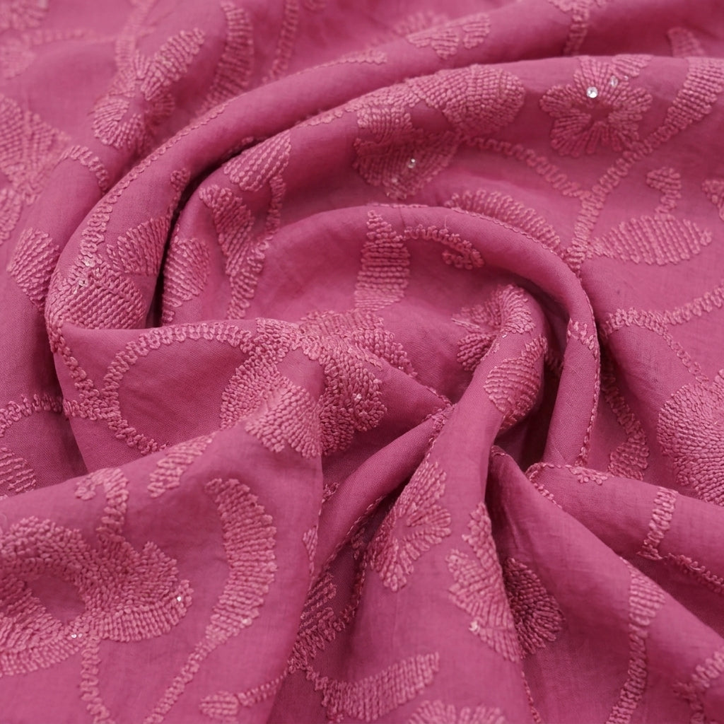 Swirled Embroidery Pink Embroidery Tussar Fabric