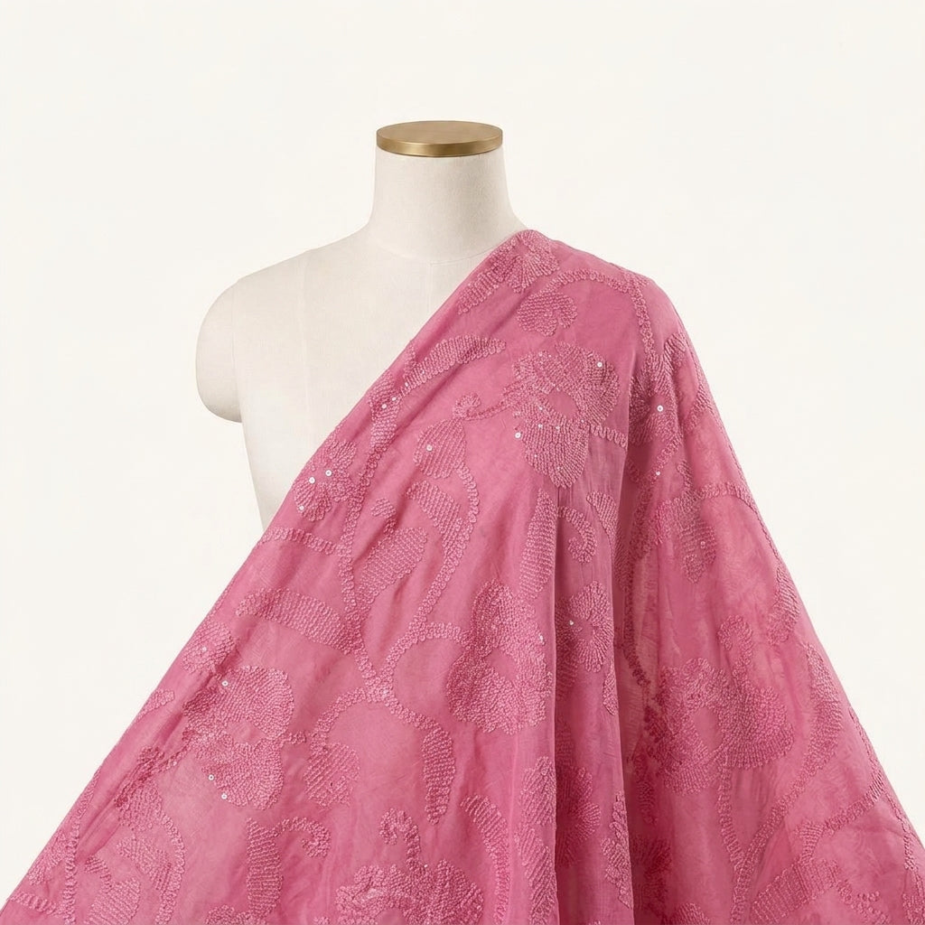 Embroidery Pink Embroidery Tussar Fabric Draped as a saree