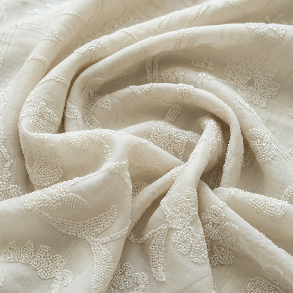 Swirled Embroidery Off White Embroidery Tussar Fabric