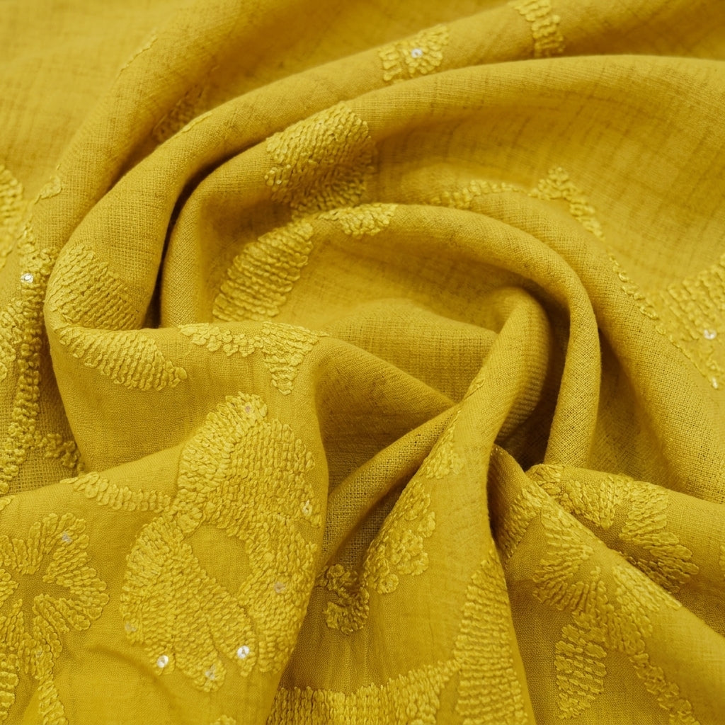 Swirled Embroidery Yellow Embroidery Tussar Fabric
