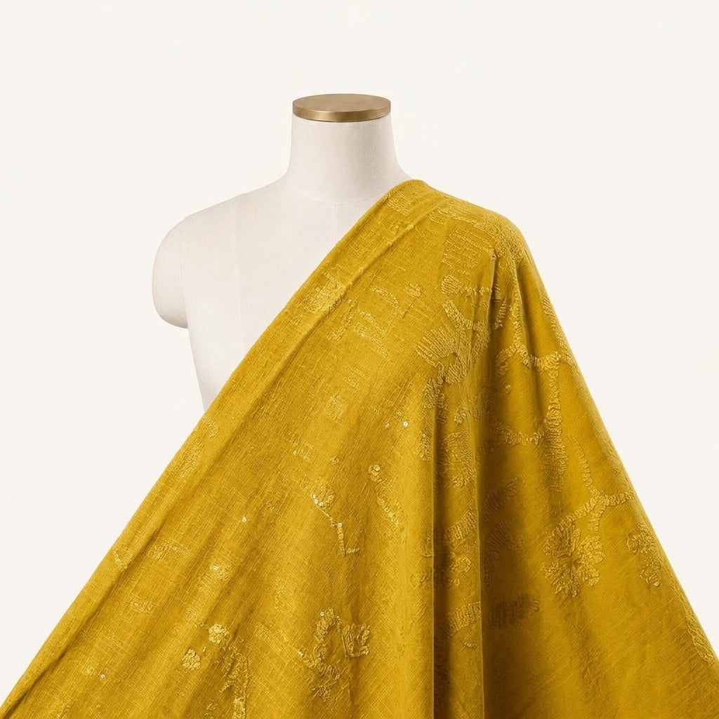 Embroidery Yellow Embroidery Tussar Fabric Draped as a saree
