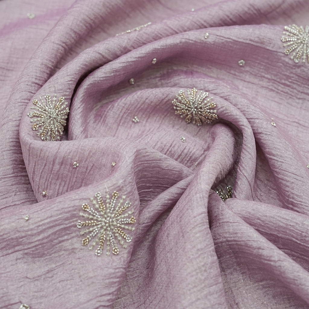 Swirled Embroidery Purple Gold Embroidery Tissue Fabric