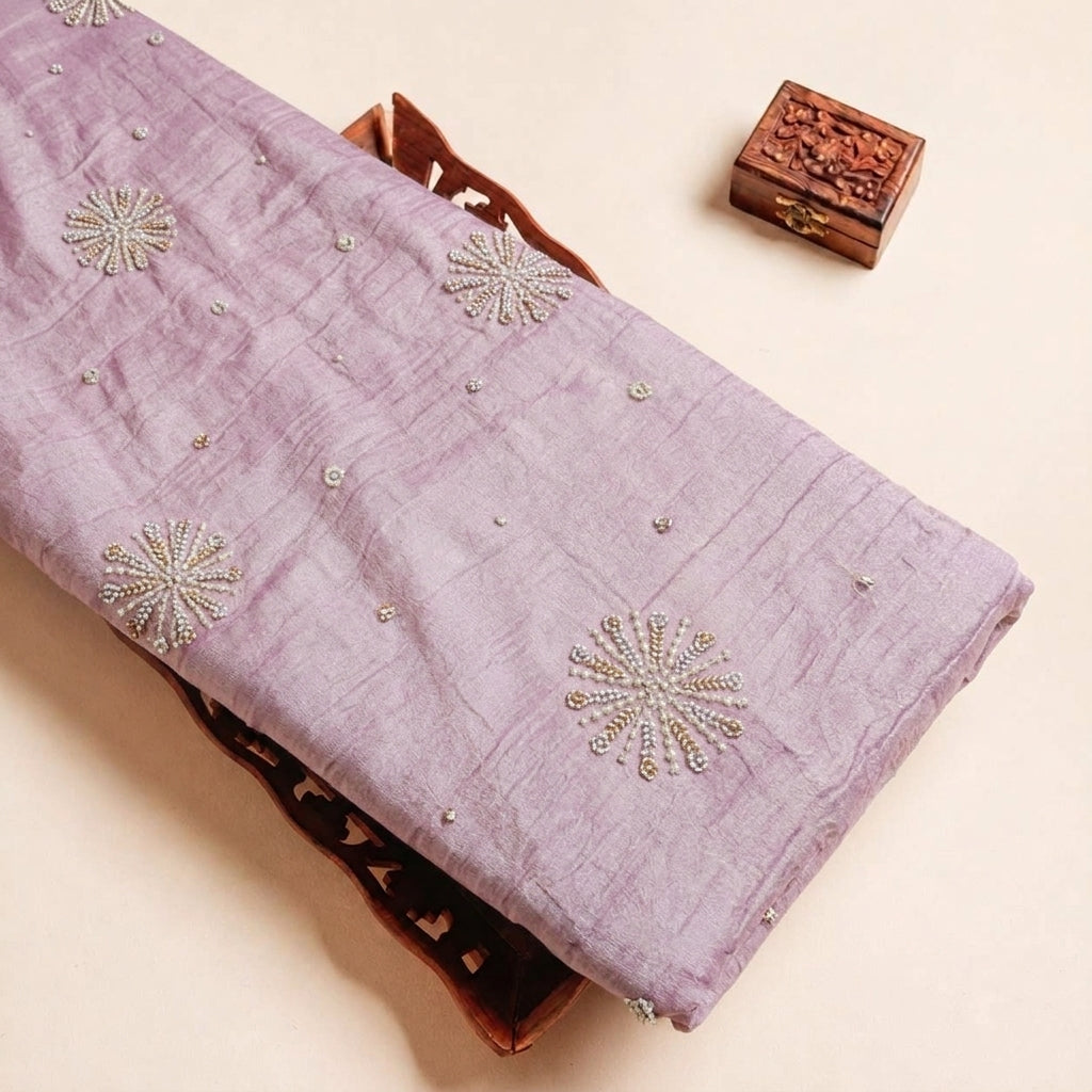 Folded Purple Gold Embroidery Tissue Fabric Highlighting Stone Sequin and Texture