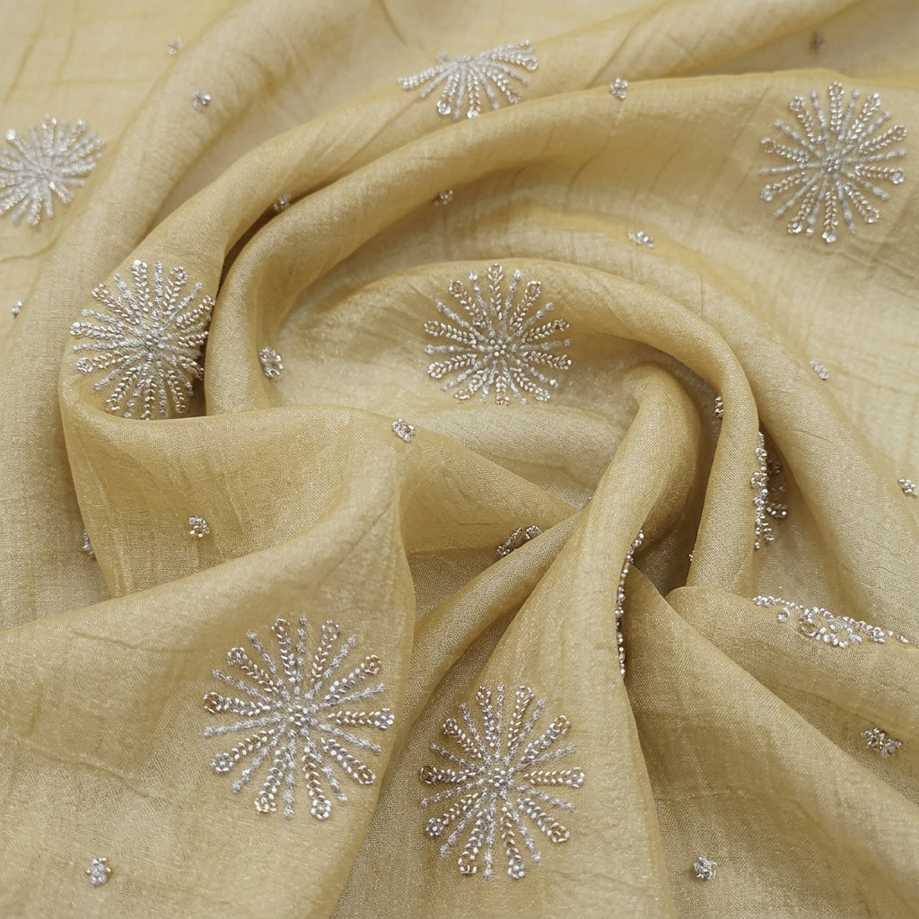 Swirled Embroidery Mustard Yellow Embroidery Tissue Fabric