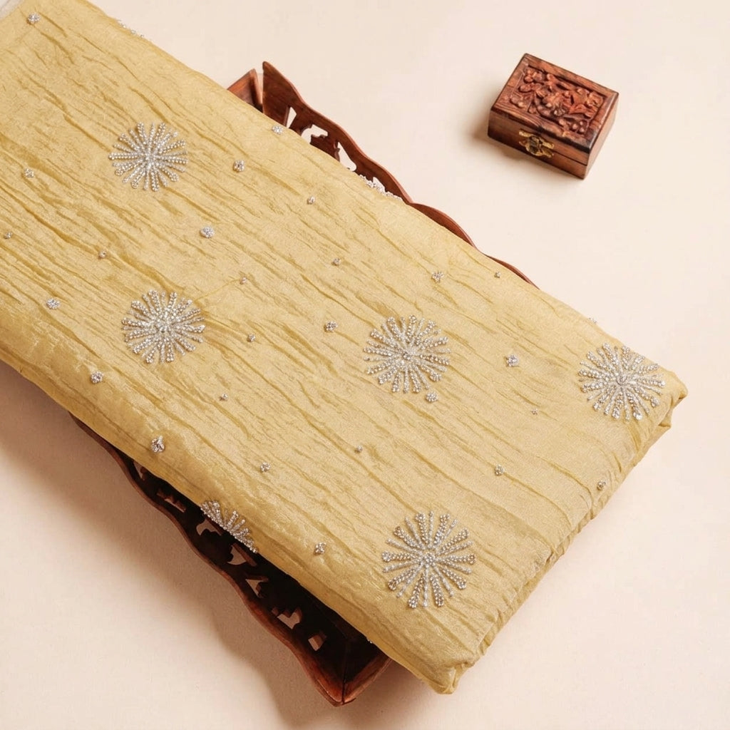 Folded Mustard Yellow Embroidery Tissue Fabric Highlighting Stone Sequin and Texture