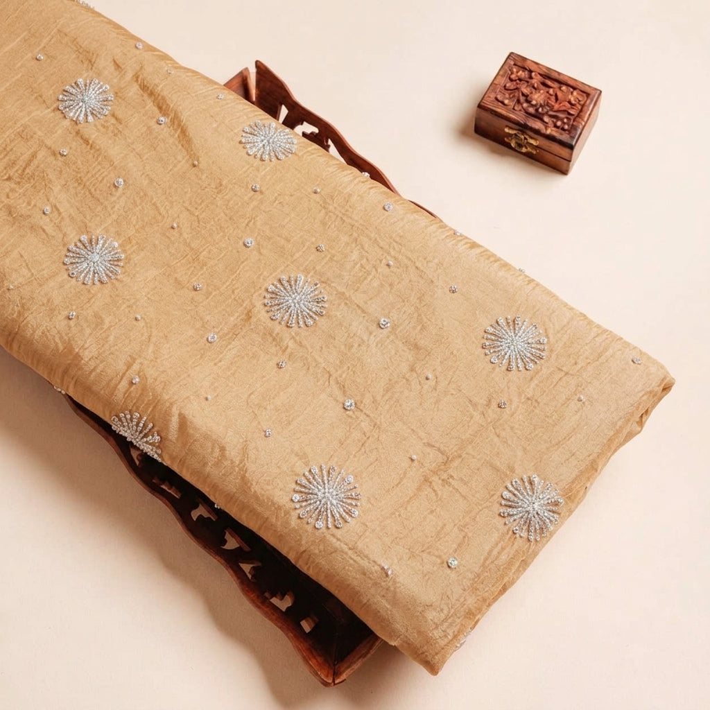 Folded Rust Embroidery Tissue Fabric Highlighting Stone Sequin and Texture