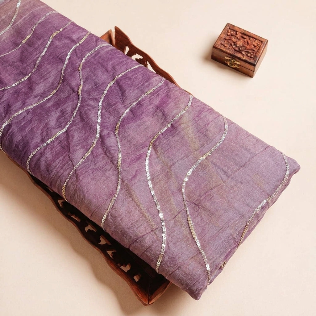 Folded Purple Embroidery Tissue Fabric Highlighting Stone Sequin and Texture