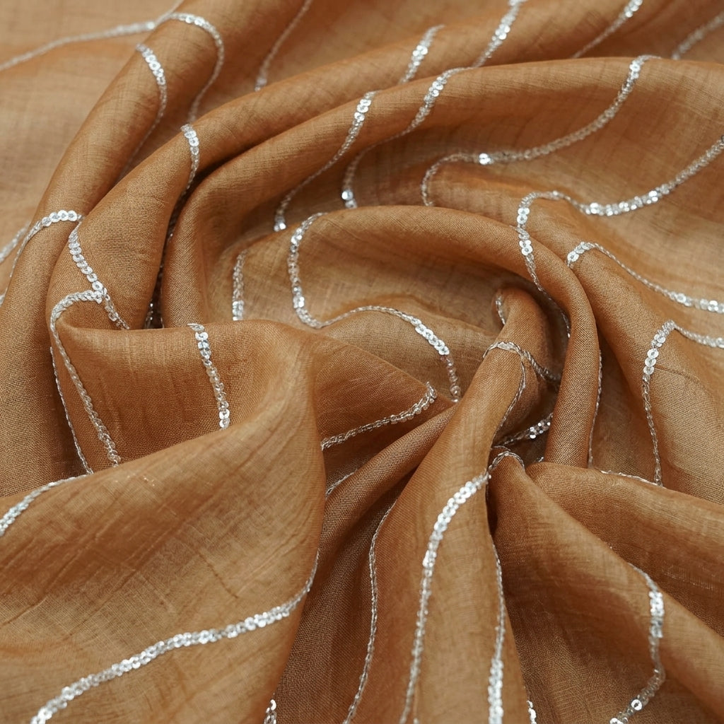Swirled Embroidery Orange Embroidery Tissue Fabric