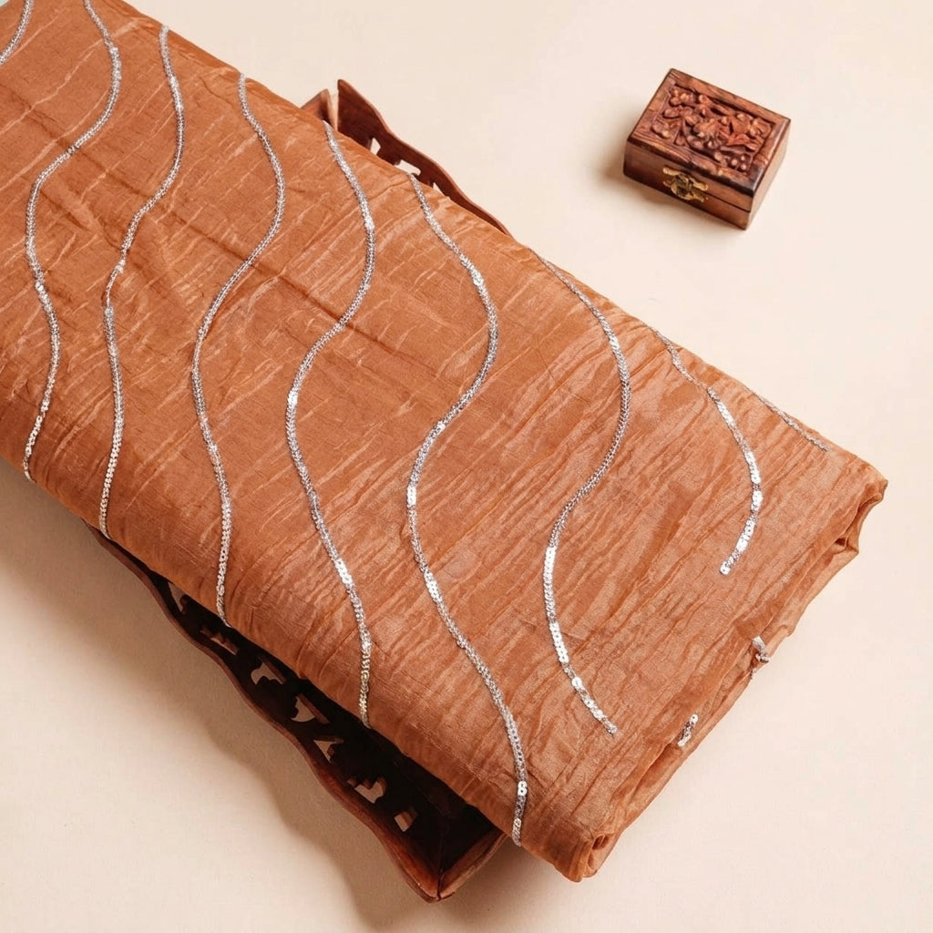 Folded Orange Embroidery Tissue Fabric Highlighting Stone Sequin and Texture