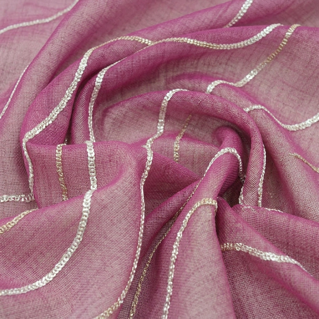 Swirled Embroidery Pink Embroidery Tissue Fabric