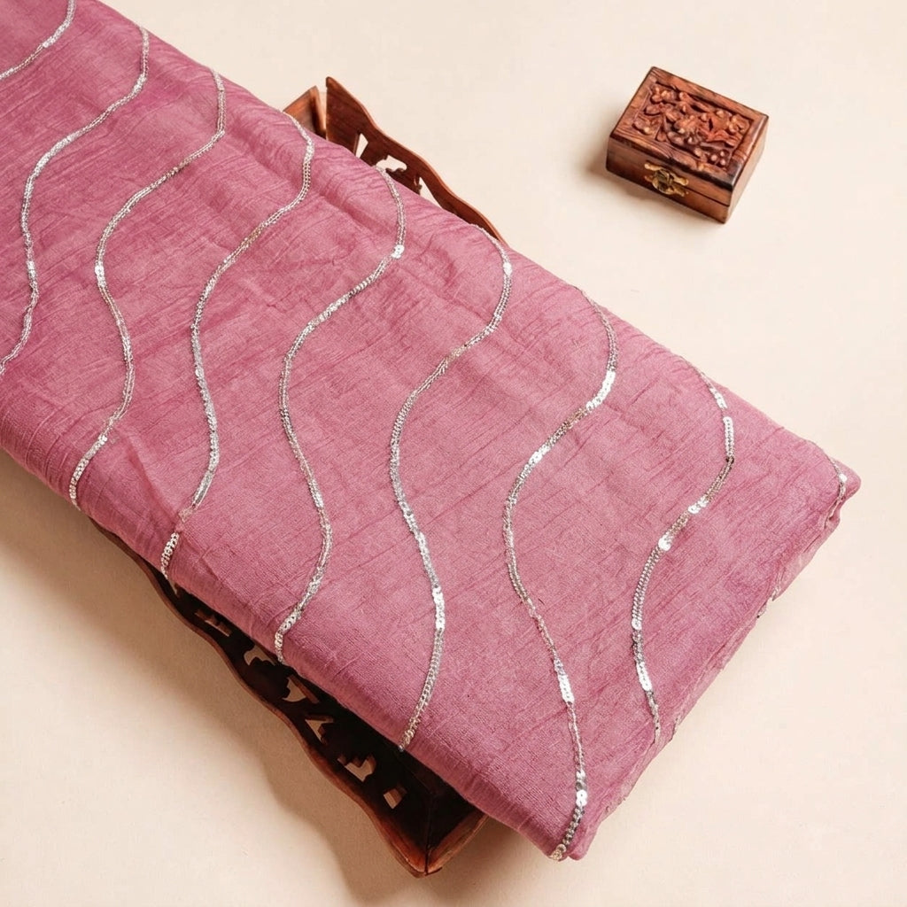 Folded Pink Embroidery Tissue Fabric Highlighting Stone Sequin and Texture
