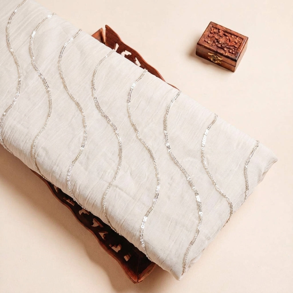 Folded Beige Embroidery Tissue Fabric Highlighting Stone Sequin and Texture